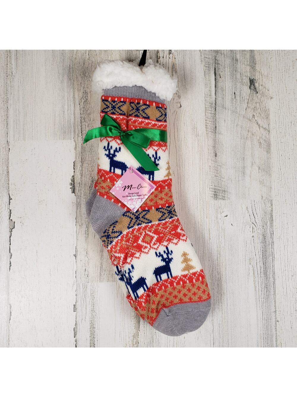 NWT Mari Clare Sherpa Lined Knit Winter Reindeer Design No-Slip Slipper Socks